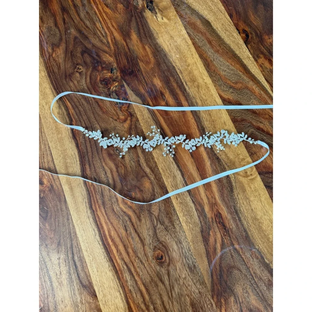 Silver Rhinestone Pearl‎ Bridal Sash Wedding Hair Vine Floral Leaf Ribbon Bride